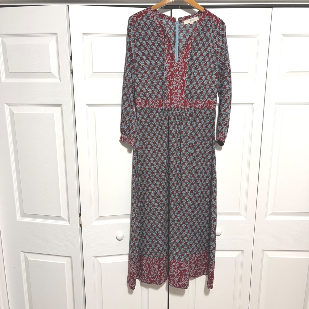 LOFT Dress Womens 8T Blue Red Floral Boho Print Fall Cottagecore Coastal Relaxed